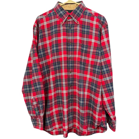 Tommy Hilfiger Red Plaid Flannel Button Front Shirt Men’s Large - Picture 1 of 7